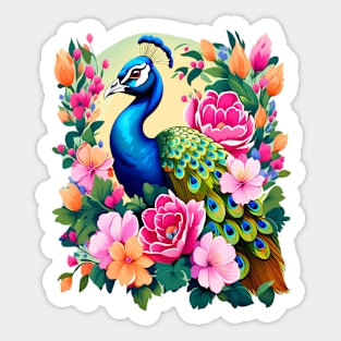 A Cute Peacock Surrounded by Bold Vibrant Spring Flowers Sticker